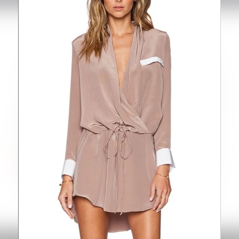 100% SILK HELENA QUINN REVOLVE TAN WHITE SHIRT DRESS TUNIC JACKET L XL NWT NEW